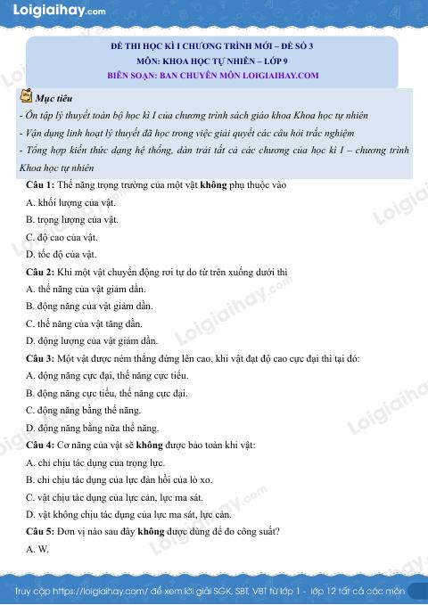 Đề thi học kì 1 KHTN 9 Kết nối tri thức - Đề số 3